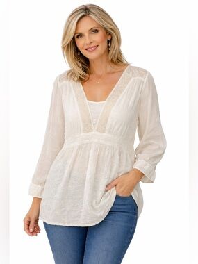 J Jill Lace Trim Tunic Blouse Cream Long Sleeve Relaxed Fit Boho 2X NWT